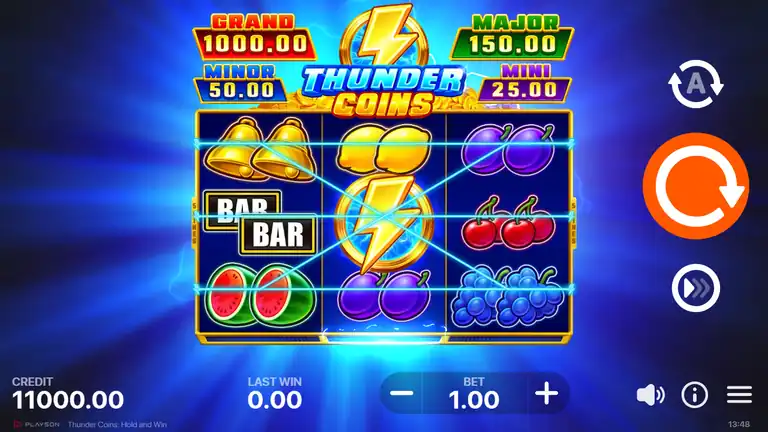 Thunder Coins: Hold and Win base game - 3x3 grid with fruit symbols and jackpot banner