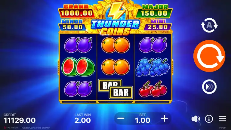 Thunder Coins spin 391 - base game grid, credit 11,129.00 at EUR 1.00 bet