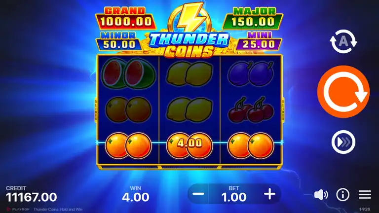 Thunder Coins spin 826 - base game grid, credit 11,167.00 at EUR 1.00 bet