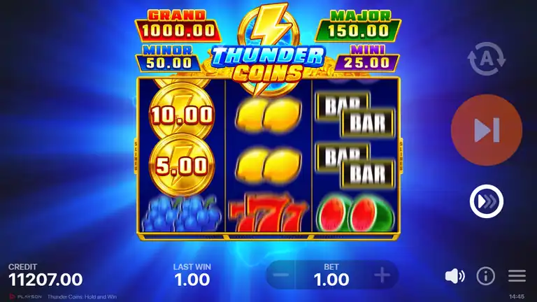 Thunder Coins spin 1251 - base game with coin symbols visible, credit 11,207.00 at EUR 1.00 bet