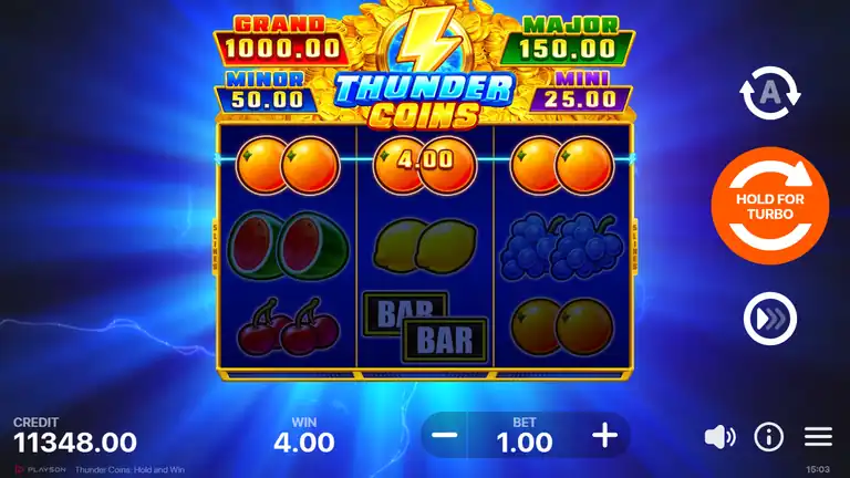 Thunder Coins spin 1659 - final session frame, credit 11,348.00 at EUR 1.00 bet