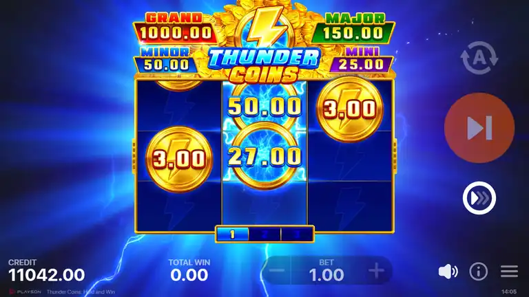 Thunder Coins HOLD AND WIN bonus round with jackpot banner showing all four tier values above the reel area at EUR 1.00 stake