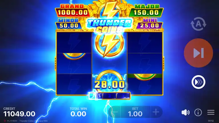 Thunder Coins HOLD AND WIN bonus sequence - coins locked on the center reel and the outer reels, jackpot banner active