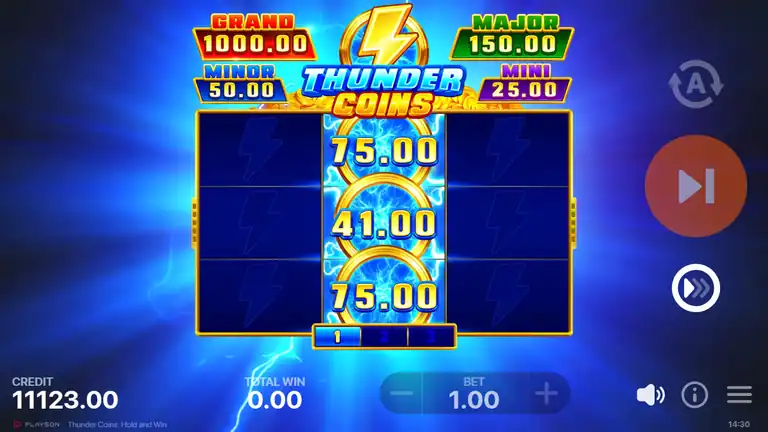 Thunder Coins HOLD AND WIN result - coins 75.00, 41.00, 75.00 locked on center reel, credit 11,123.00 at EUR 1.00 bet