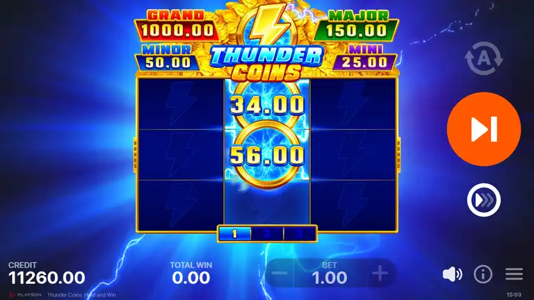 Thunder Coins HOLD AND WIN mid-round - gold coins 34.00 and 56.00 locked on center reel, credit 11,260.00 at EUR 1.00 stake